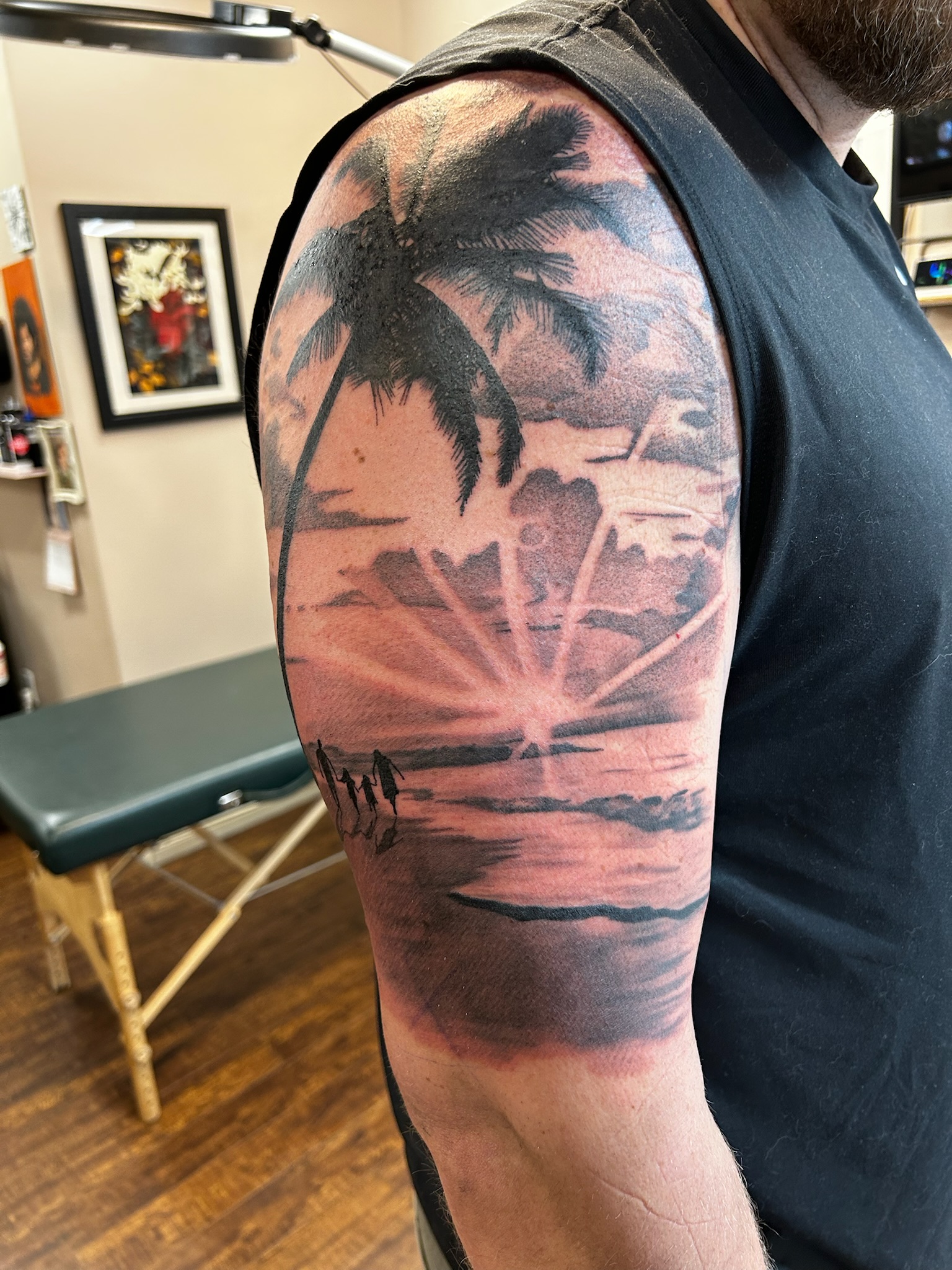 Palm tree sunset family tattoo