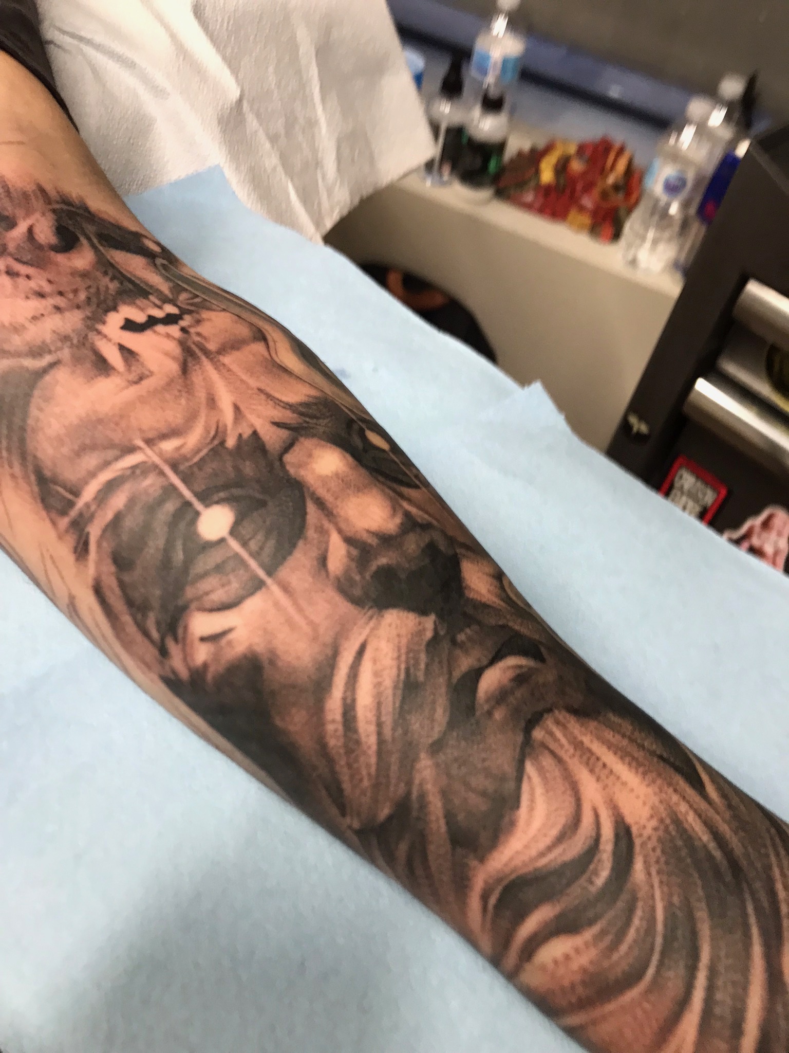 Black and grey sleeve tattoo