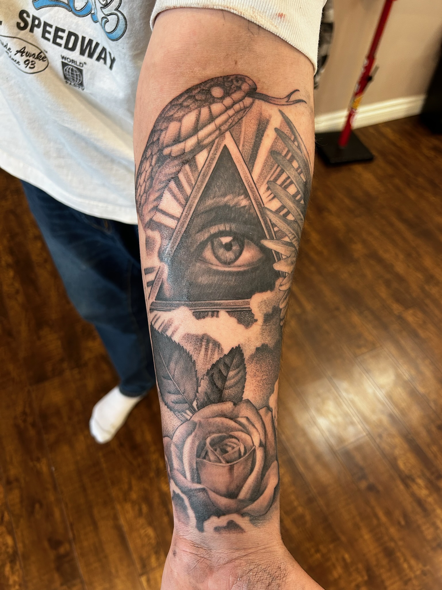 Black and grey sleeve tattoo