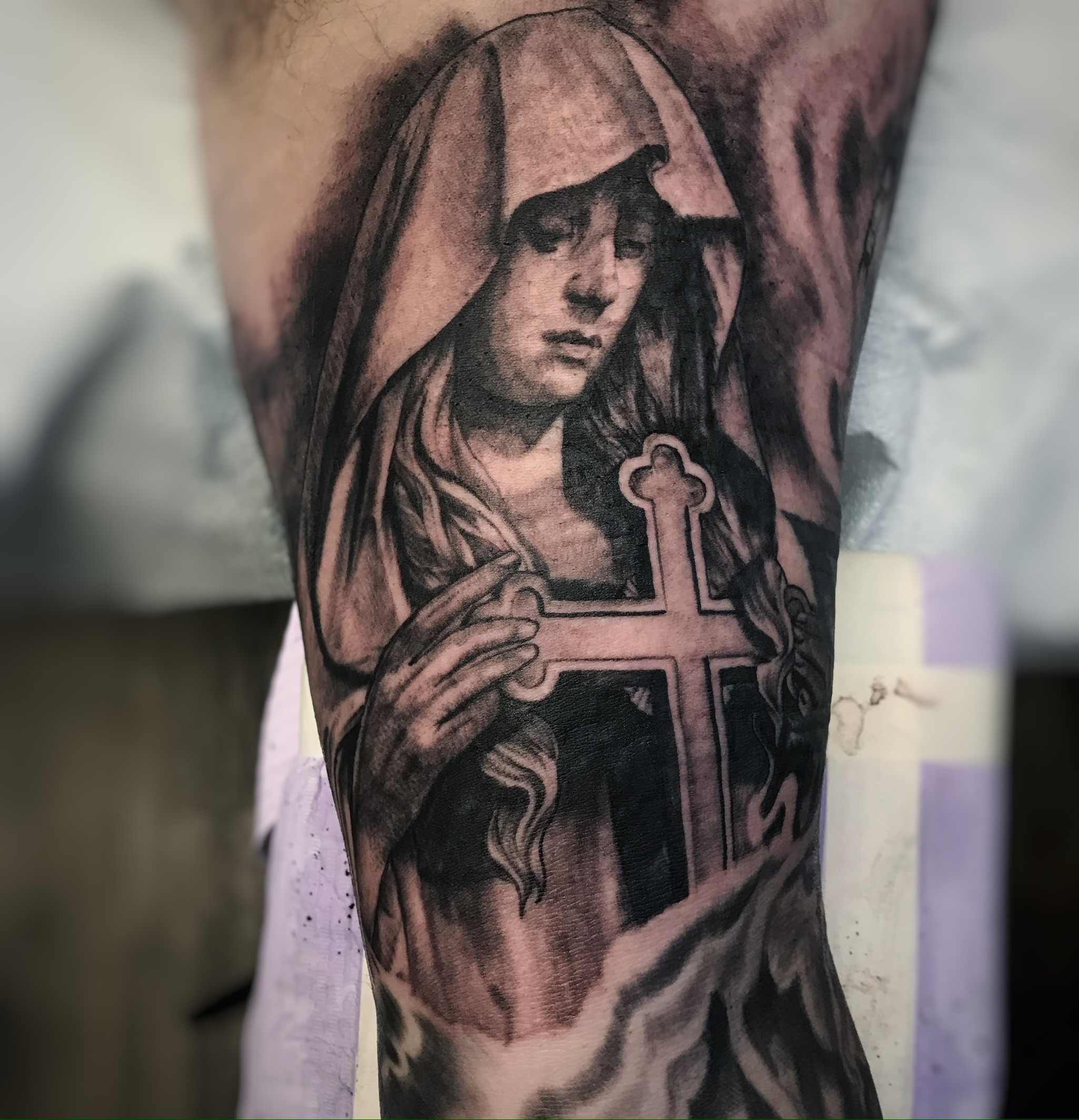 Black and grey priest and nun tattoo