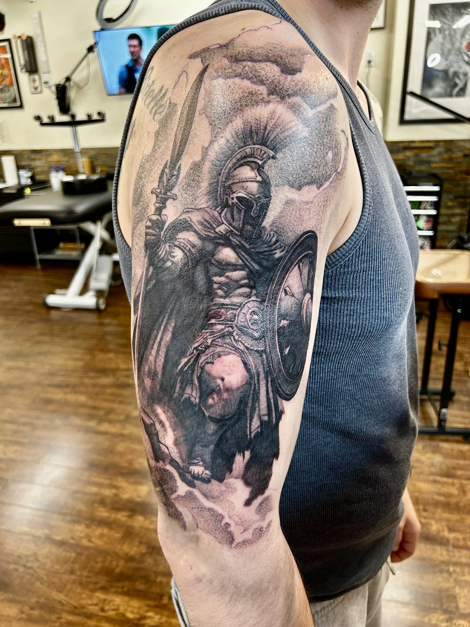 Black and grey sleeve tattoo