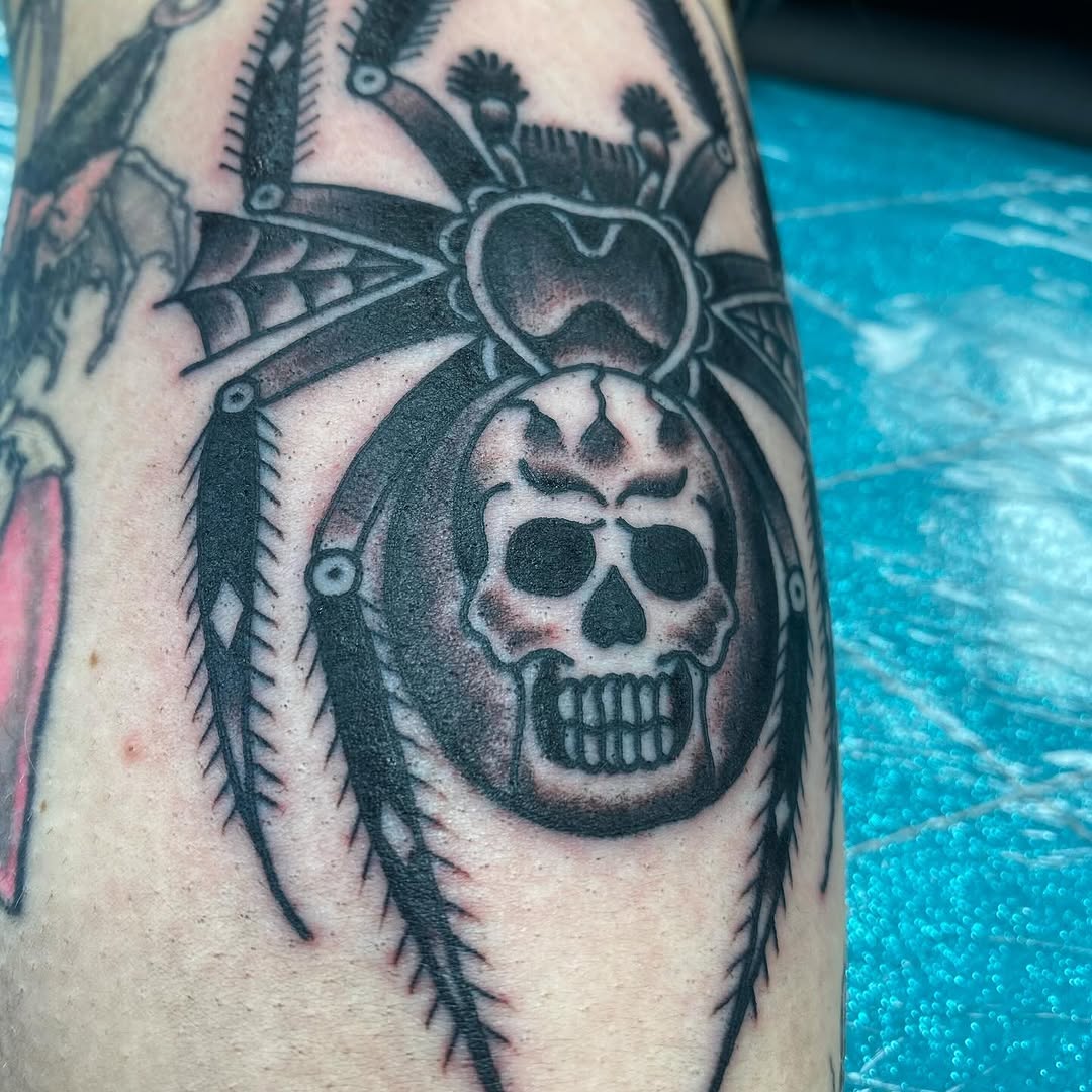 Black and grey skull spider tattoo by Marshall