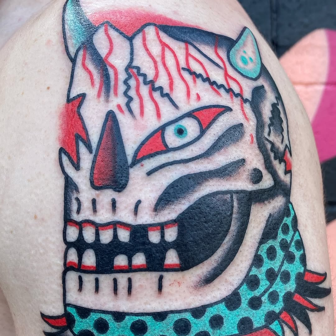 Traditional cat mask tattoo by Marshall